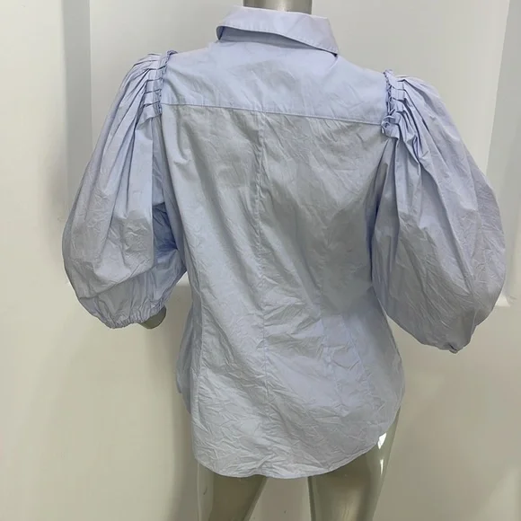 Karen Millen Quarter Balloon Sleeves Blue Button Up Shirt Top K4 - Picture 12 of 13